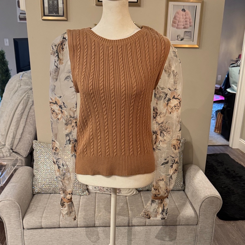 Maeve Brown Cable Knit Sweater with Floral Sleeves
